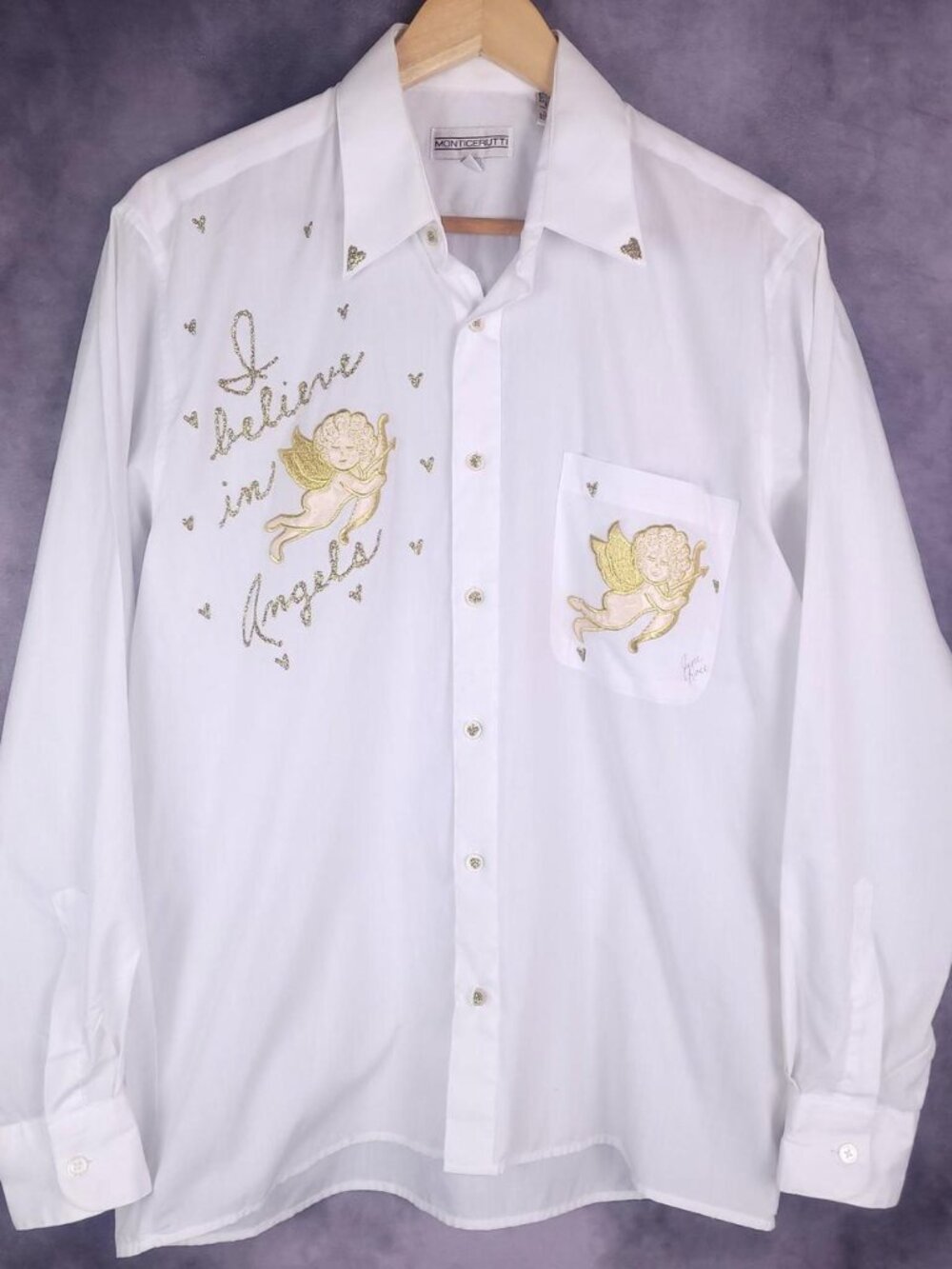Vintage 90s I Believe in Angels Monticerutti cherub angel button up shirt